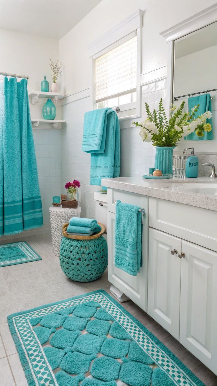 لمنح الحمام لمسات بسيطة، يمكن اختيار نغمات حجر الفيروز للإكسسوارات