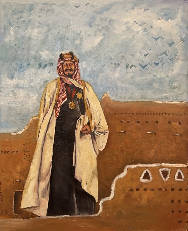 لوحة للملك عبد العزيز طيب الله ثراه بريشة الفنان منصور نايف العتيبي فازت بالمركز الأول لجائزة ضياء عزيز