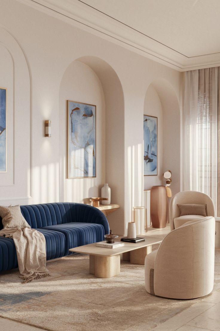 لون البيج الناعم في أثاث وإكسسوارات غرف المعيشة