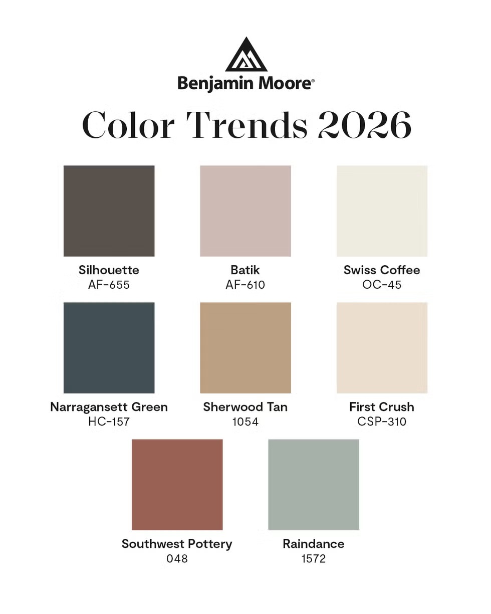 لون Silhouette جزءًا من لوحة اتجاهات 2026 من Benjamin Moore المكونة من 8 ألوان