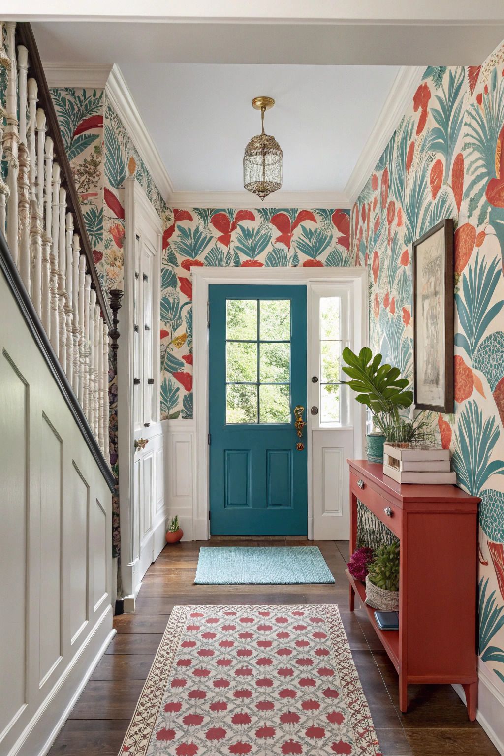 مدخل منزل مزين بورق جدران بنقشات جريئة