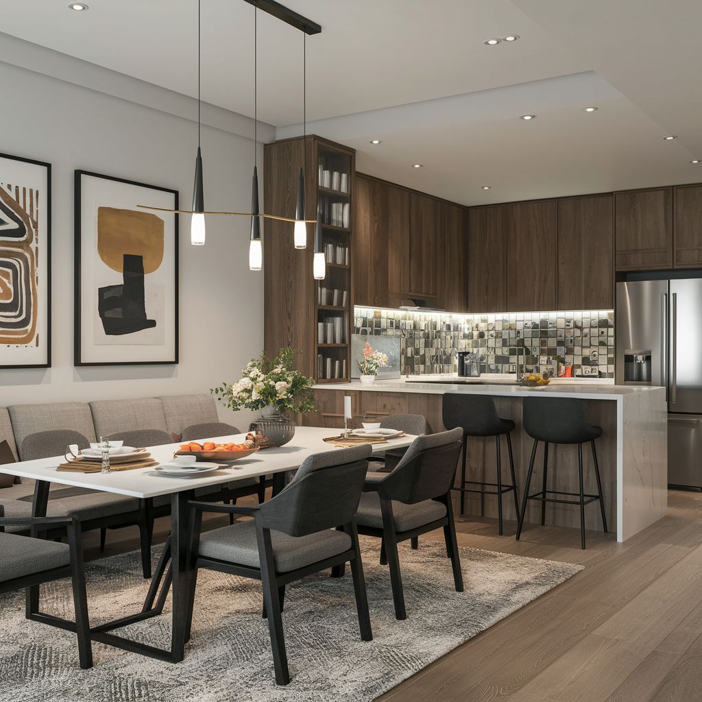 مساحة مفتوحة تجمع بين المطبخ ومنطقة الطعام