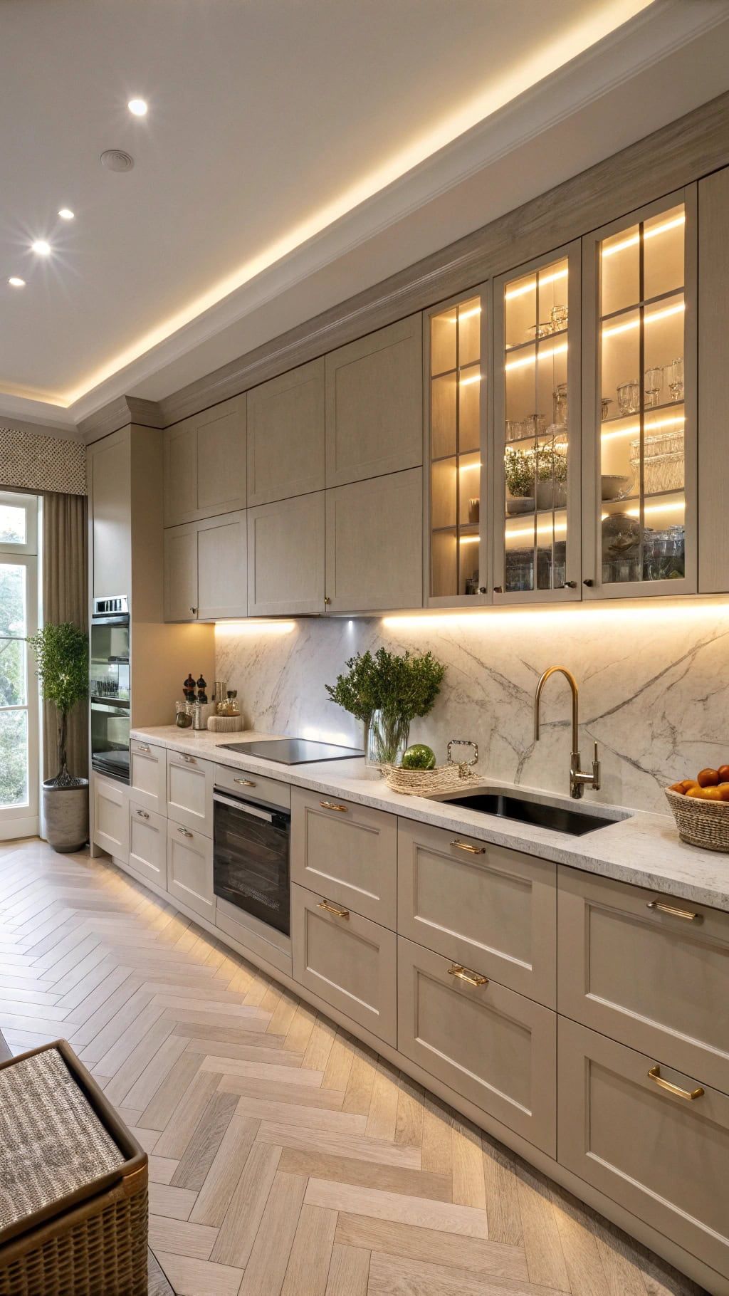 مطبخ أنيق بخزائن ممتدة حتى السقف