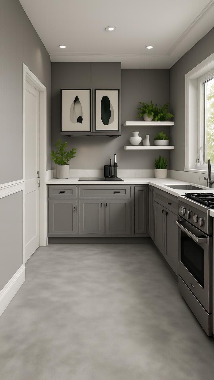 مطبخ بأرضيات رمادية
