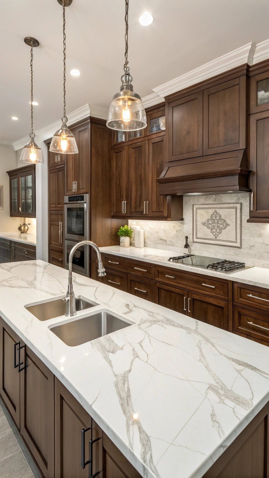 مطبخ بأسطح عمل بيضاء بعروق مميزة