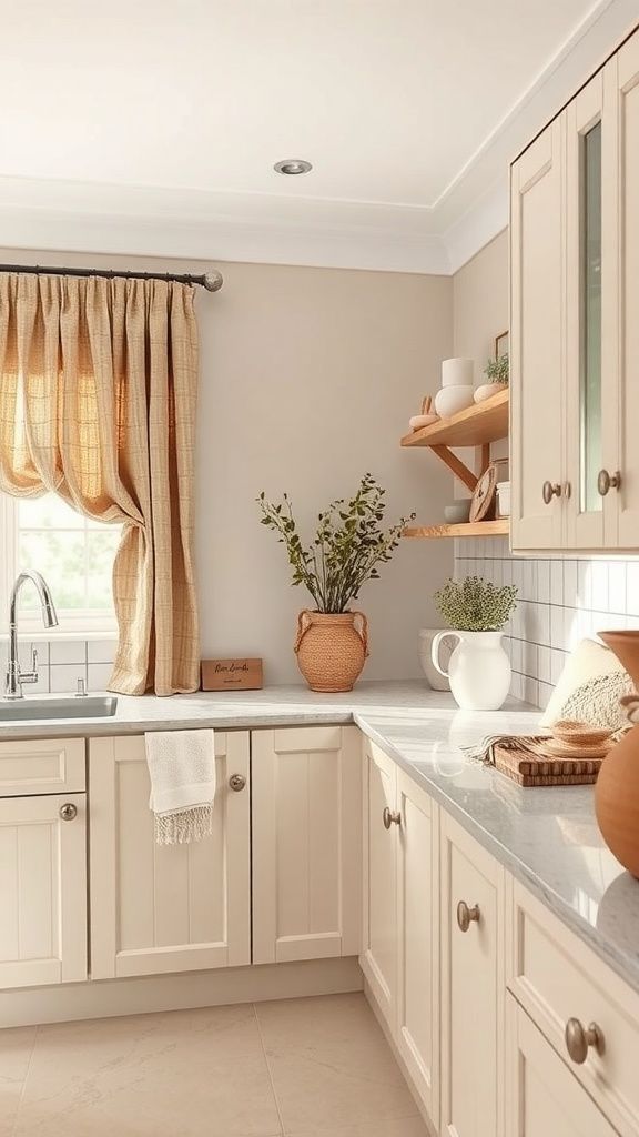 مطبخ بجدران وخزائن باللون الأبيض المائل للبيج الفاتح