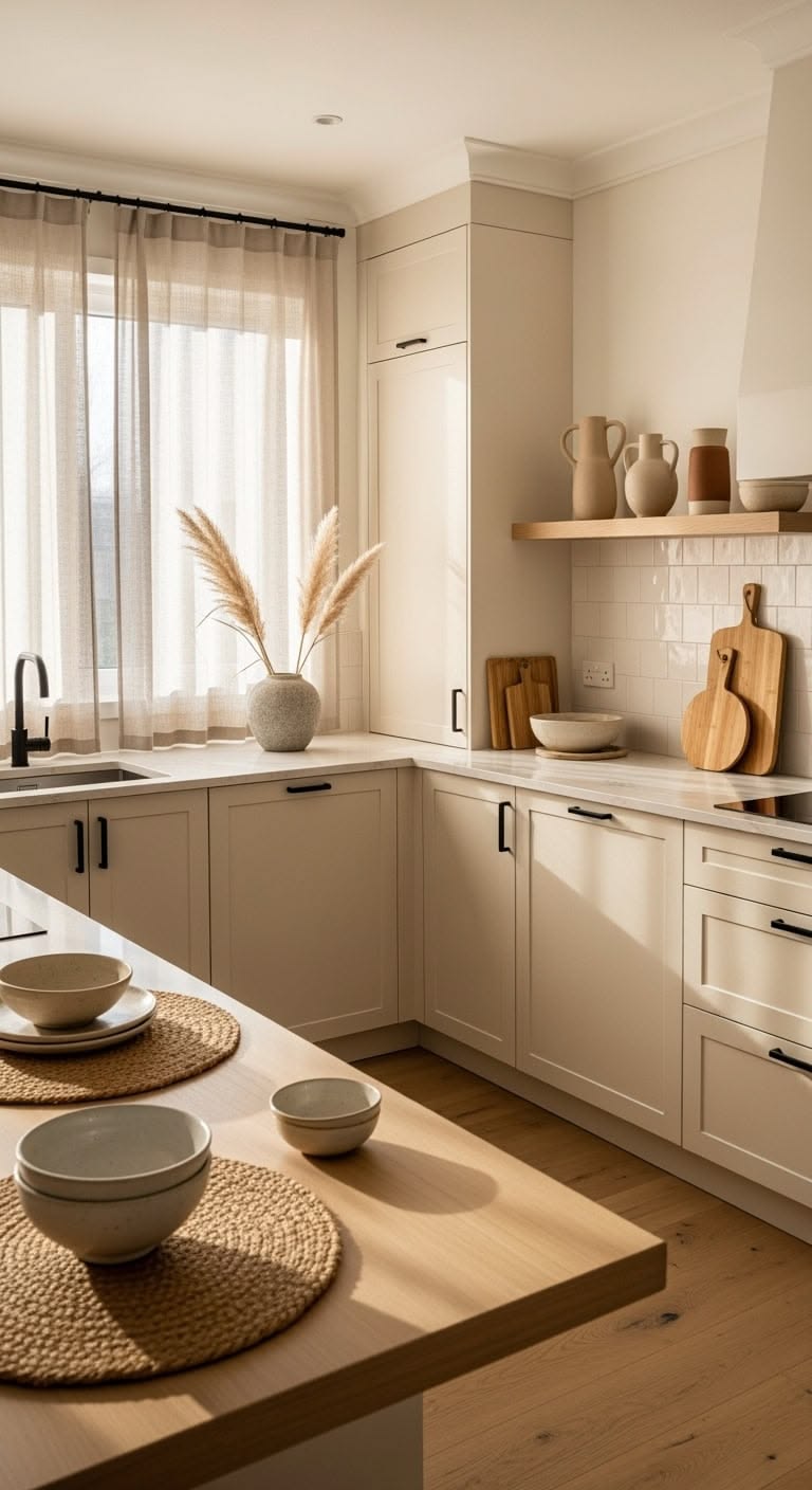 مطبخ بجدران وخزائن باللون الكريمي الناعم