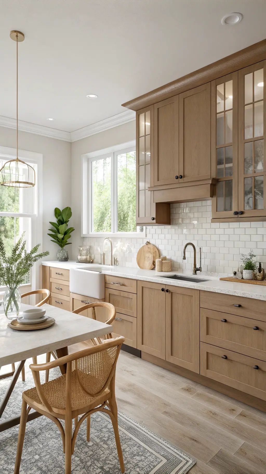 مطبخ بخزائن خشبية باللون البني الفاتح