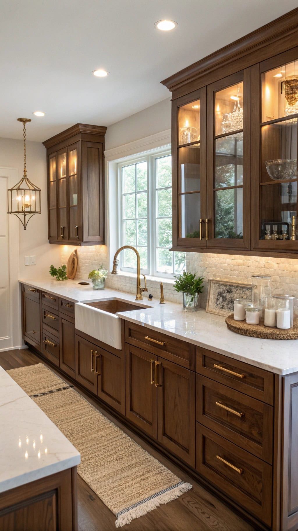 مطبخ مكون من خزائن خشبية وأسطح عمل رخامية فاخرة