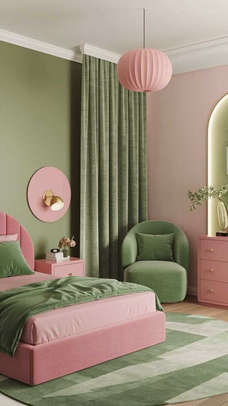 مفروشات وأثاث ناعم بأحد درجات الماتشا في غرفة النوم