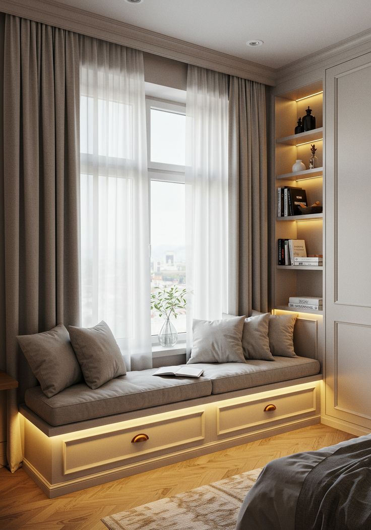 مقعد البانكويت كركن للقراءة بجوار النافذة