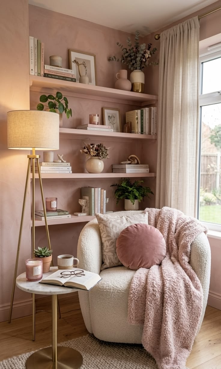 من أجمل الألوان التي يمكن اختيارها لركن القراءة الربيعي هي الوردي الترابي