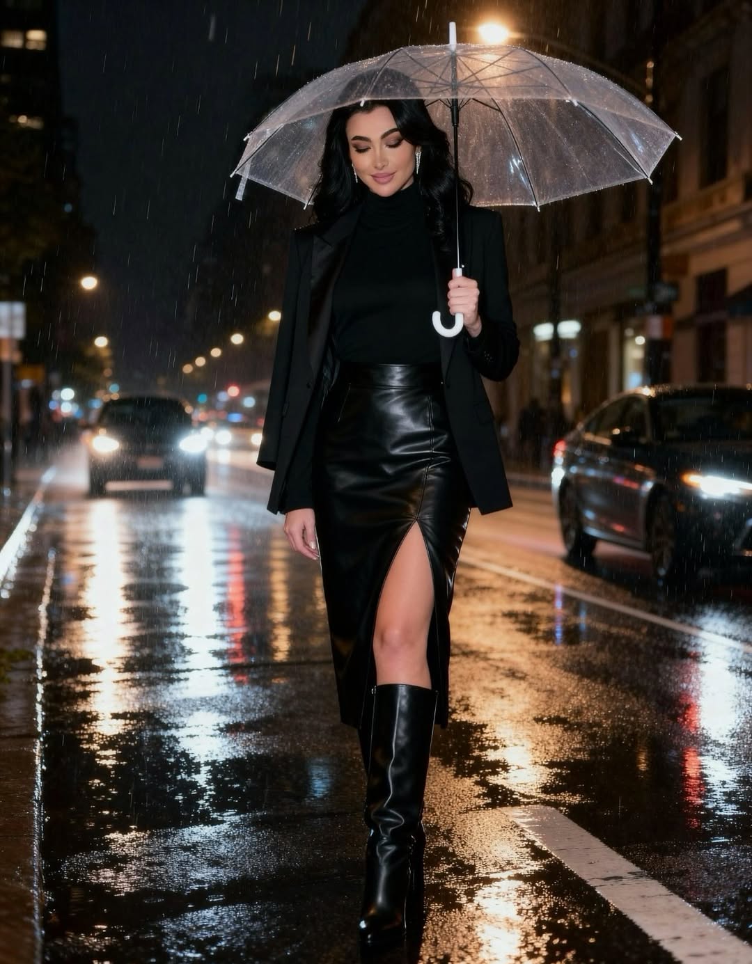  ميرهان بتنورة ميدي ضيقة من الجلد مميزة بالخصر العالي