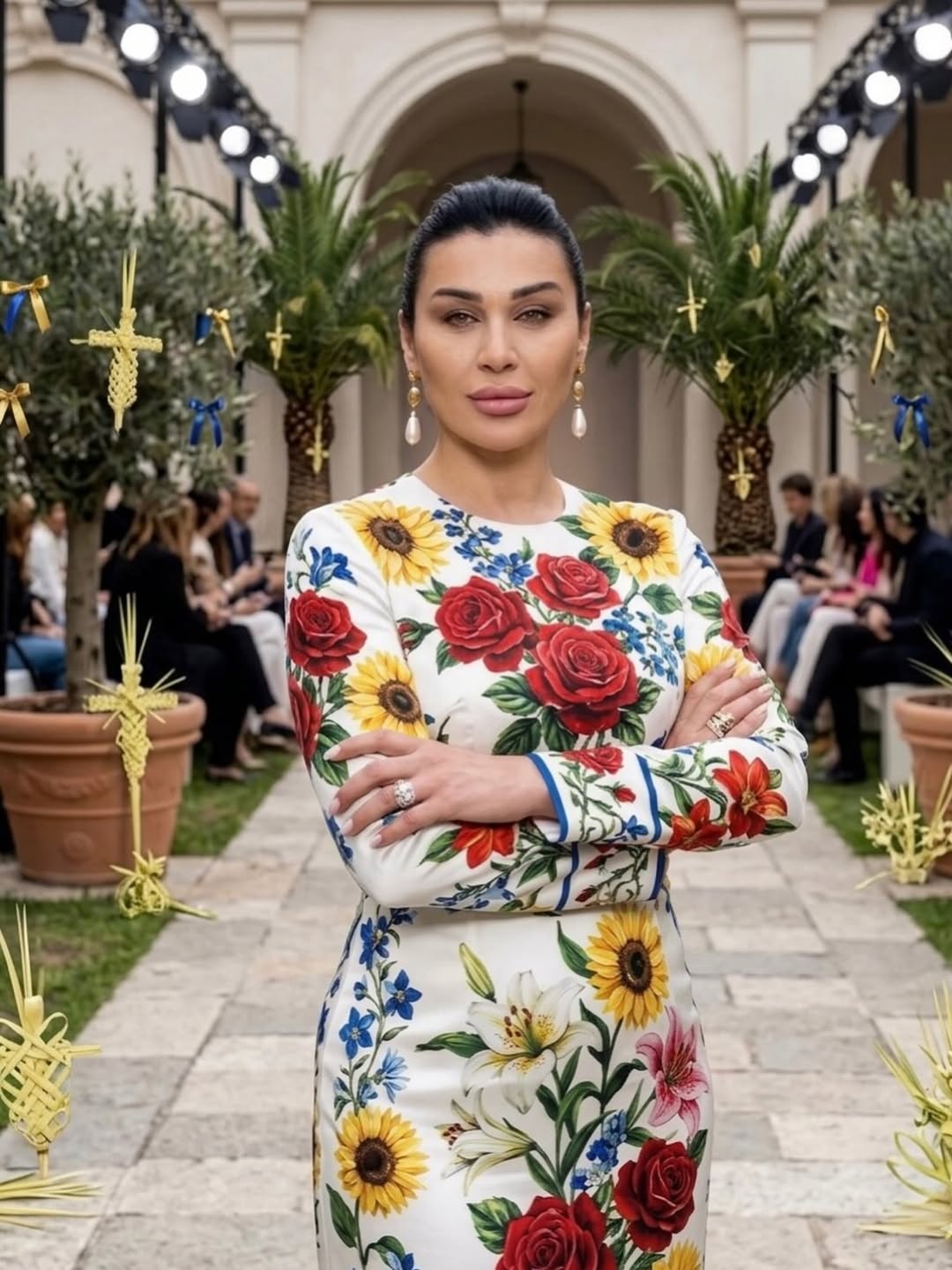  نادين الراسي بفستان ضيق باللون الأبيض تزينه نقشة الورود 