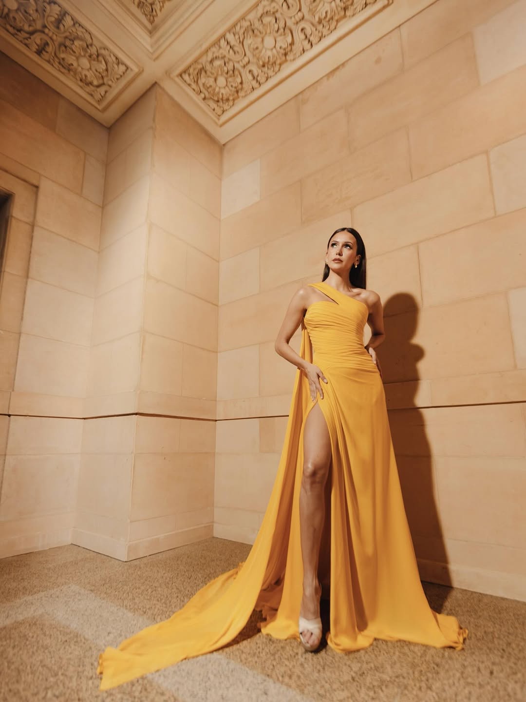 نينا دوبراف ارتدت فستانا طويلا باللون الأصفر الخردلي