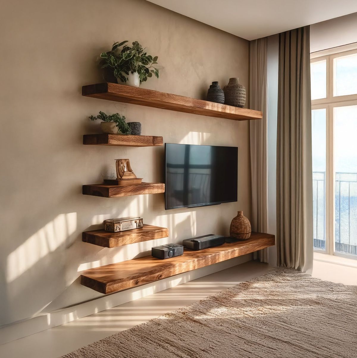 وحدات الوسائط المعلقة من الخشب الطبيعي تضيف لمسة دافئة وراقية لغرفة المعيشة
