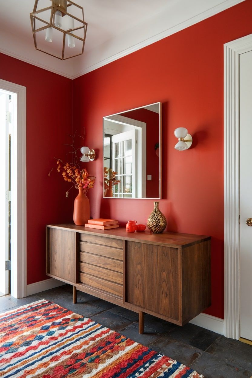 يخلق الأحمر في الردهة، من خلال طلاء أحد الجدران بدرجة مميزة منه، ترحيبًا عمليًا ودافئًا