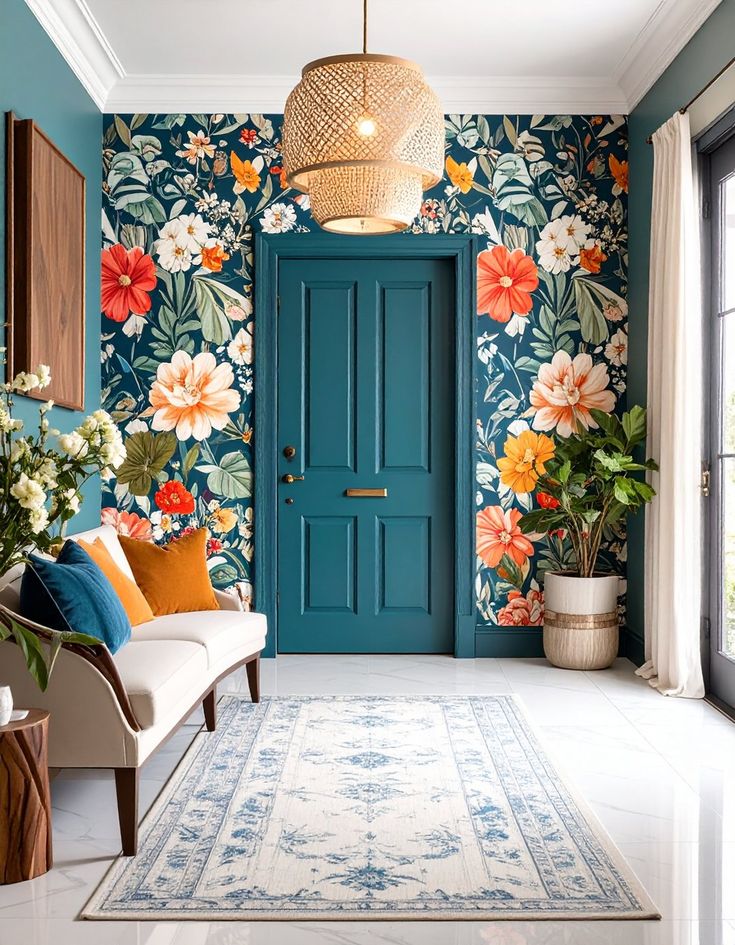 يفضل الخبراء تزيين المدخل بورق الحائط ذو النقوش الكبيرة لخلق انطباع أول لا يُنسى