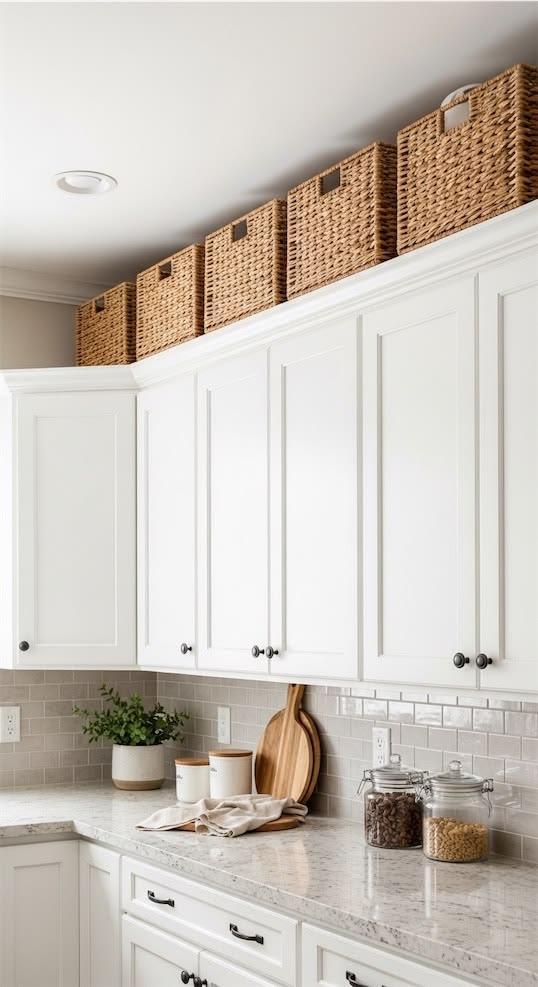 يمكن استغلال المساحة فوق خزائن المطبخ للتخزين