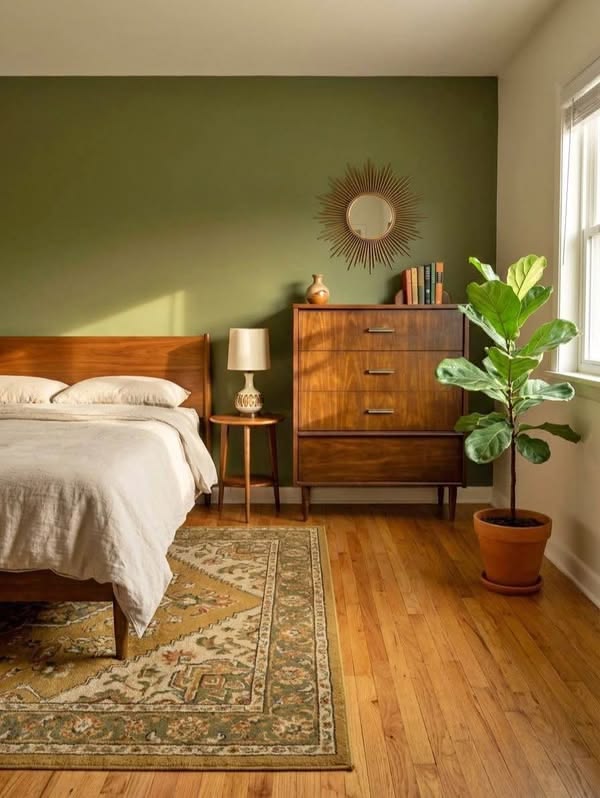 يمكن اعتماد الماتشا كلون رئيسي لجدار خلف السرير