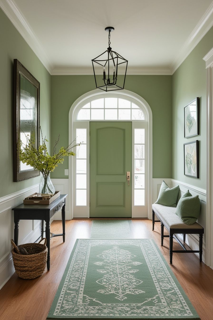 يمكن طلاء جدران المدخل بأحد درجات لون الماتشا لإنشاء نقطة محورية مميزة