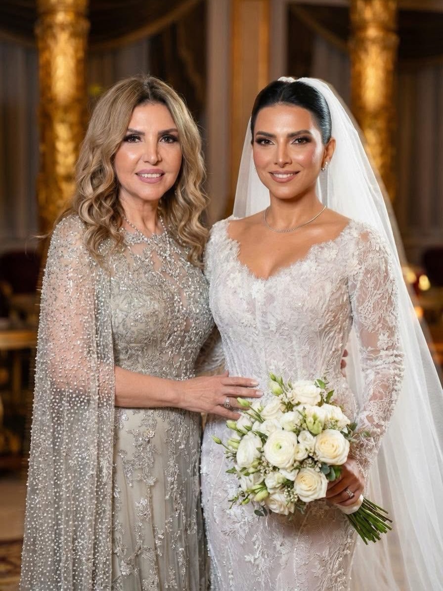 اعتمدت العروس تسريحة الشعر المرفوعة ومكياج مشرق