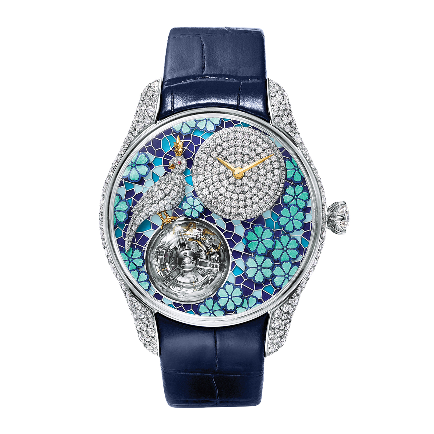 ساعة BIRD ON A FLYING TOURBILLON AZURE BLOSSOM تتوفر في 10 قطع فقط، تأتي بميناء مطلي بالمينا ومعشق بأزهار مرسومة باليد وتفاصيل مرصعة بالماس
