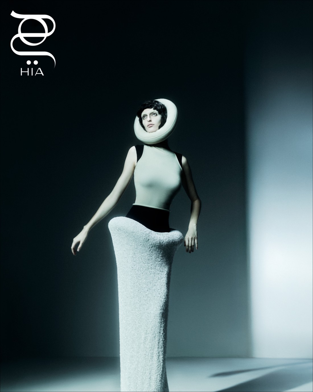 من "علية" Alaïa، "بودي" بقلنسوة، وتنورة مبطّنة ومطرّزة بالستراس.