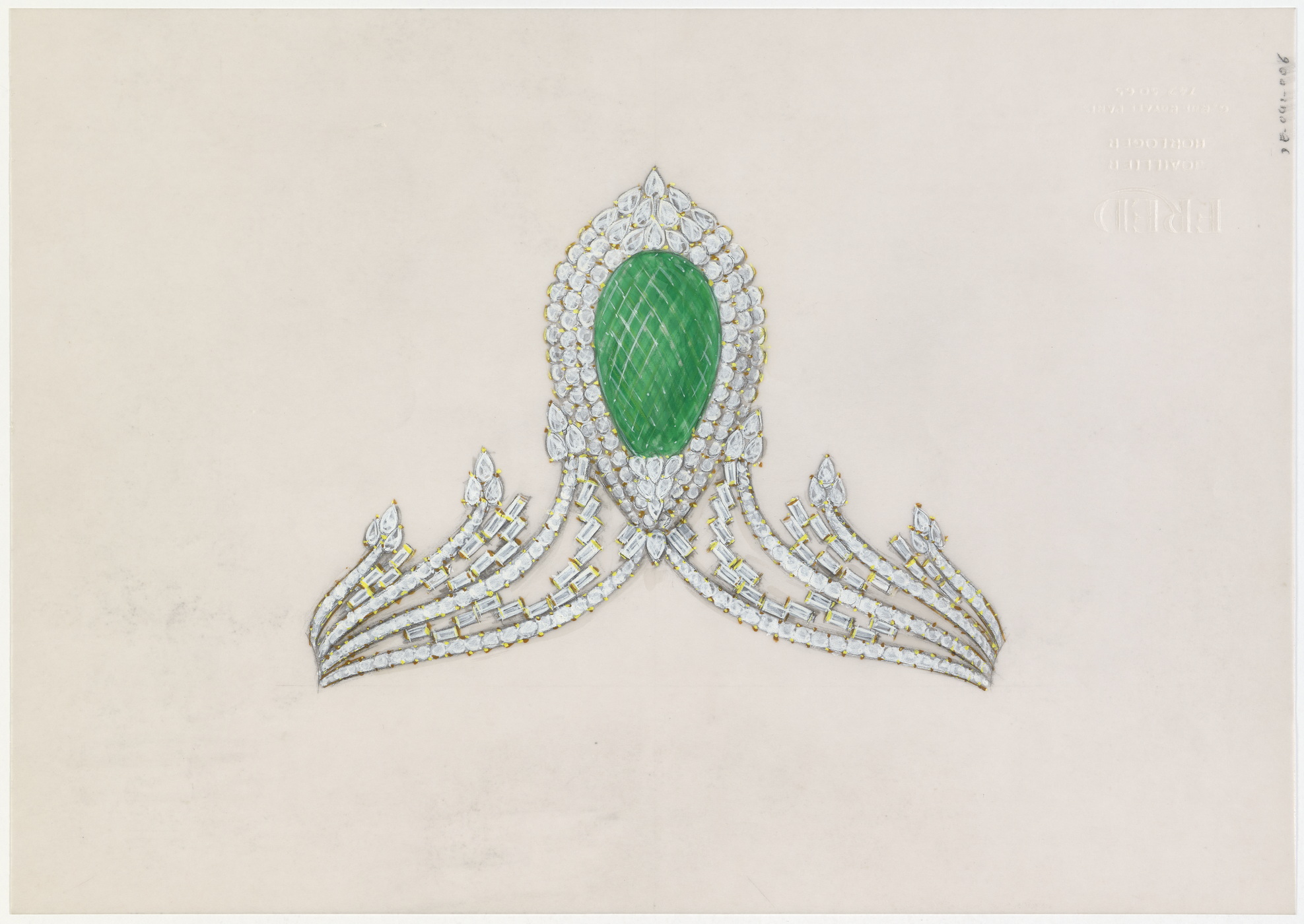 دراسة تصميم الزمردة بقصّة البروليت (Briolette)، المُرصّعة في تاج «إمبيريا» (Imperia)، عام 1988