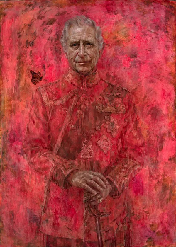 The painting depicts a Monarch butterfly landing on the Kings right shoulder