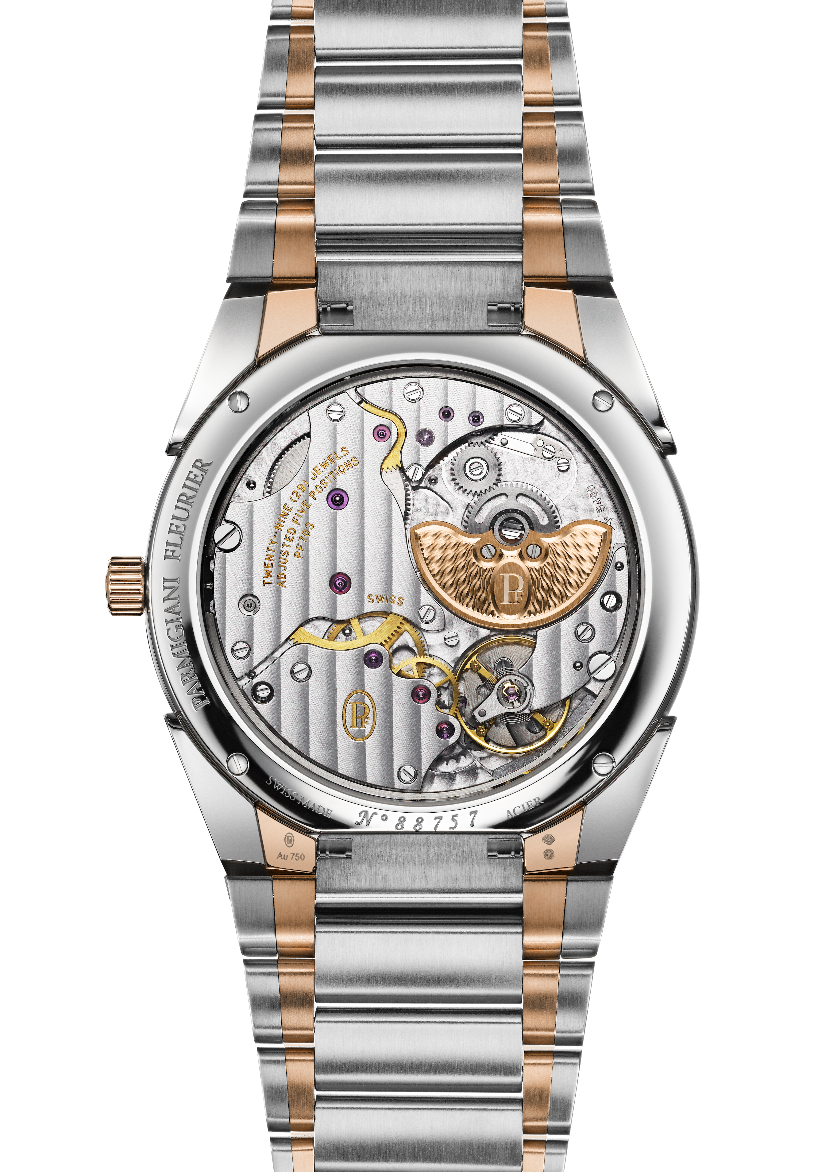 ساعة توندا بي إف بمينا أزرق وحركة دوارة صغيرة، مصنوعة من الفولاذ والذهب الوردي - غطاء خلفي.