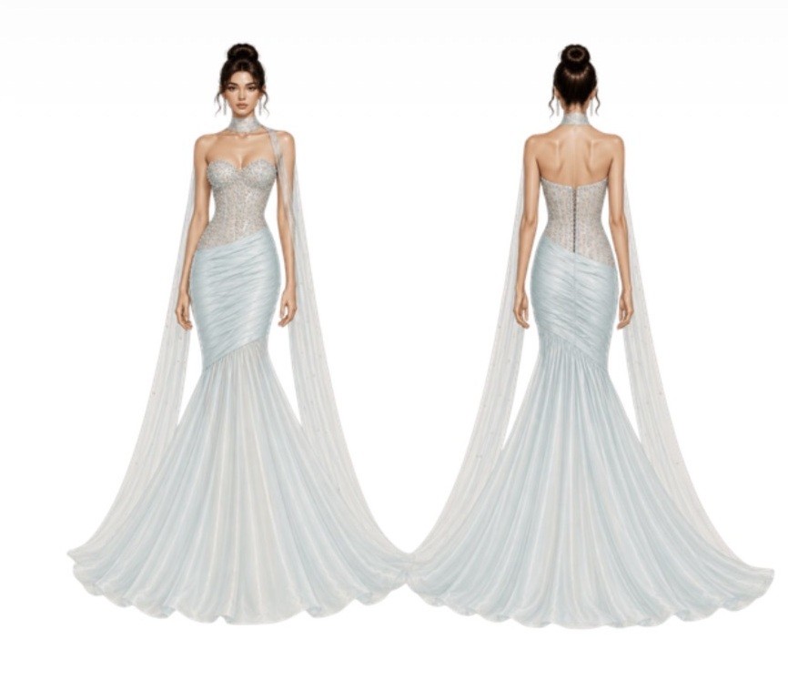 الرسم التخطيطي للتصميم الخاص لنور الغندور خلال مهرجان كان من IKH Fashion 