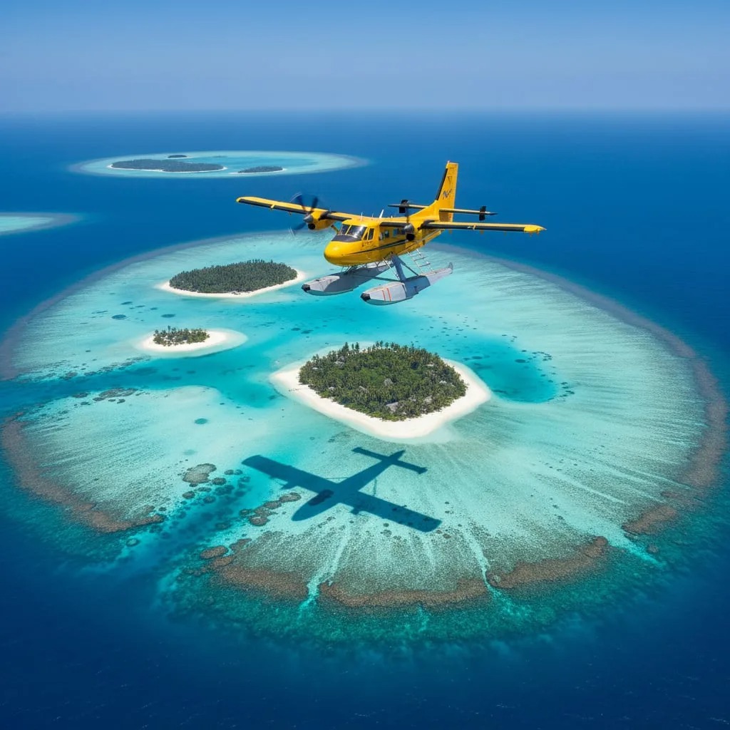 الطائرات المائية Seaplanes التي تنقل الضيوف من مطار ماليه الدولي إلى منتجعاتهم المنعزلة