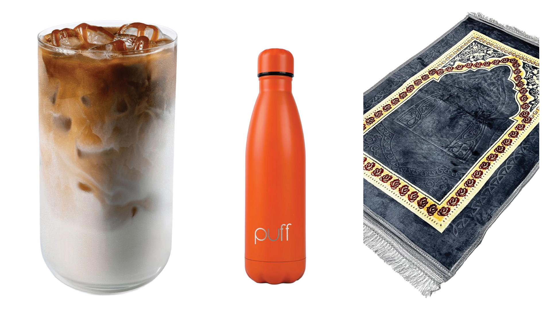 سجادة الصلاة، قارورة الماء، القهوة المثلّجة / الإسبريسو