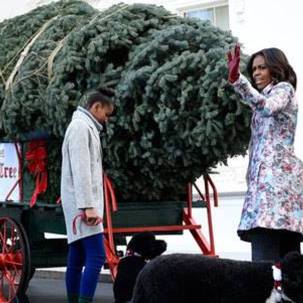 ميشيل أوباما مع ابنتيها في استقبال شجرة الميلاد