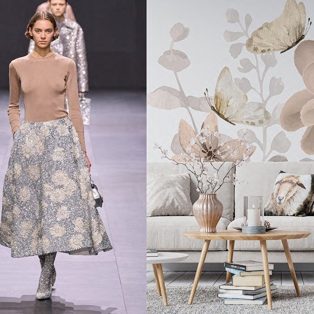 درجات الألوان الترابية الناعمة في أزياء Valentino 2023 وديكور غرفة معيشة مريحة وأنيقة