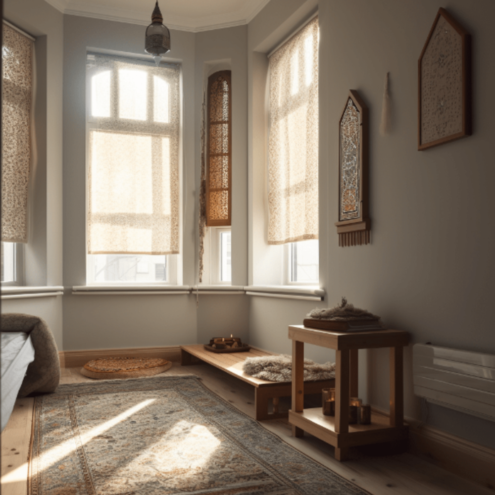 يفضل أن تكون زاوية العبادة محتوية على نافذة مزينة بستارة شفافة للسماح للضوء الطبيعي بملء المساحة