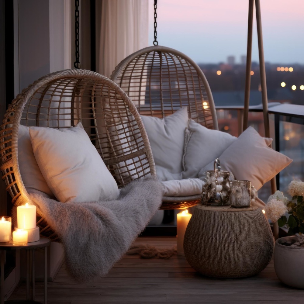 شرفة منزل مضاءة بالشموع العطرية