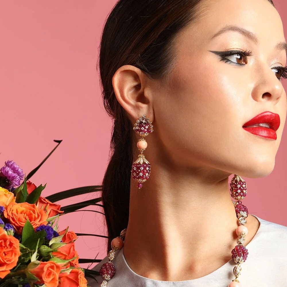 DAVID WEBB- Ruby Coral Bead Diamond Earrings