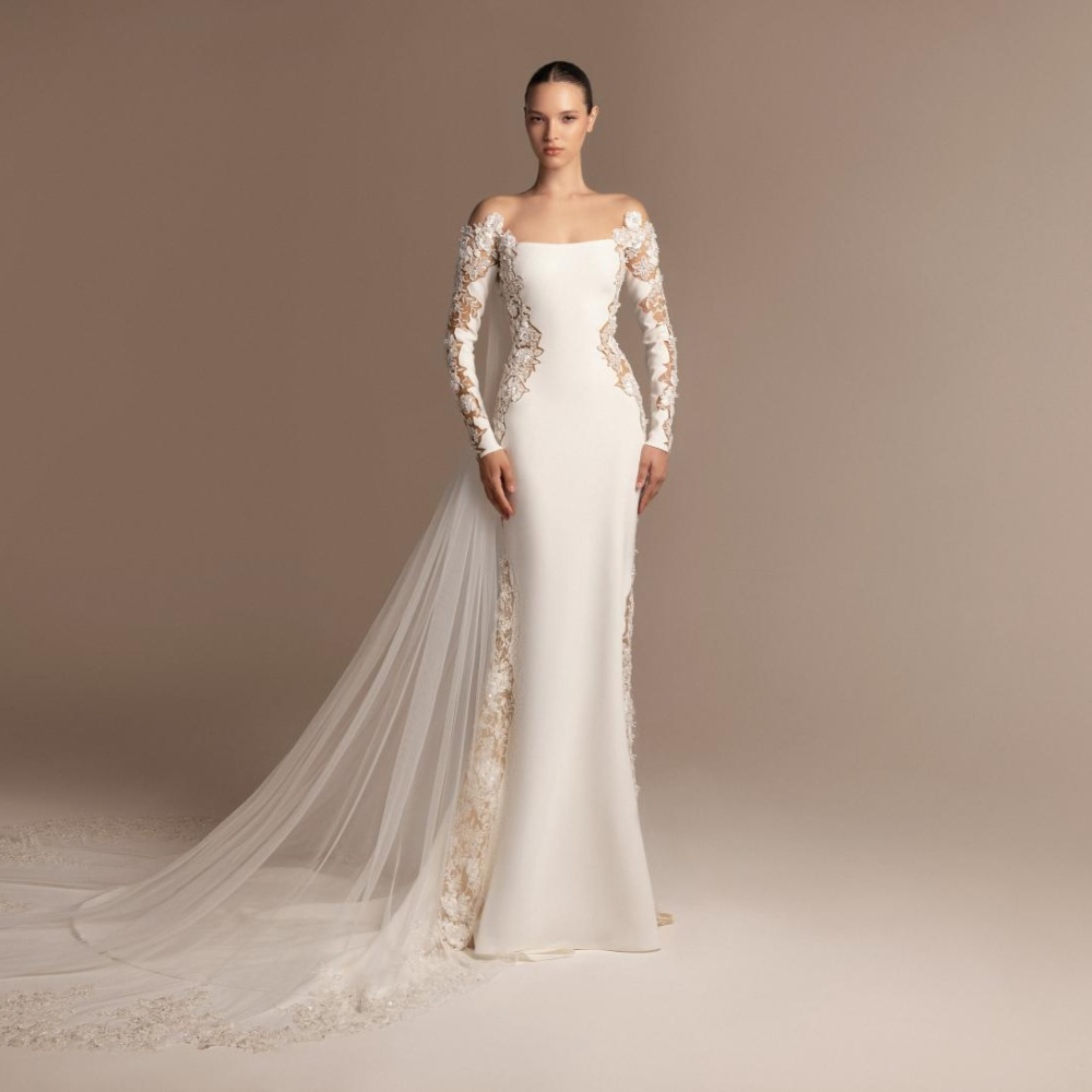 فستان زفاف أوف شولدر من مجموعة طوني ورد لشتاء وخريف 2025