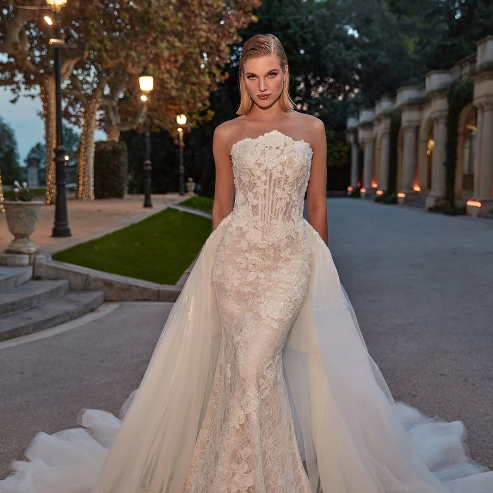 فستان زفاف دانتيل مع أوفرسكيرت ن Pronovias دار