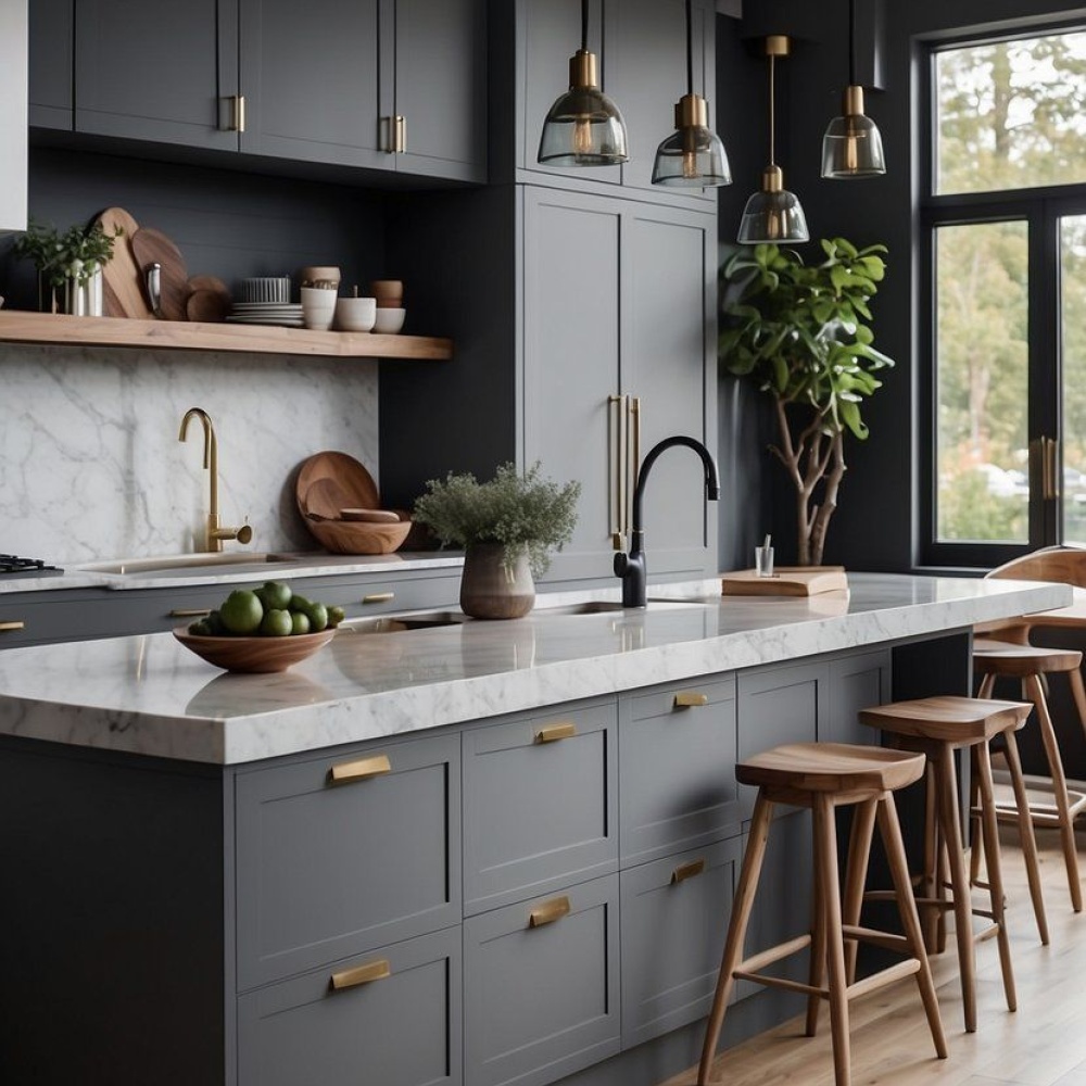 الرمادي والرخام لمظهر درامي للمطبخ الحديث