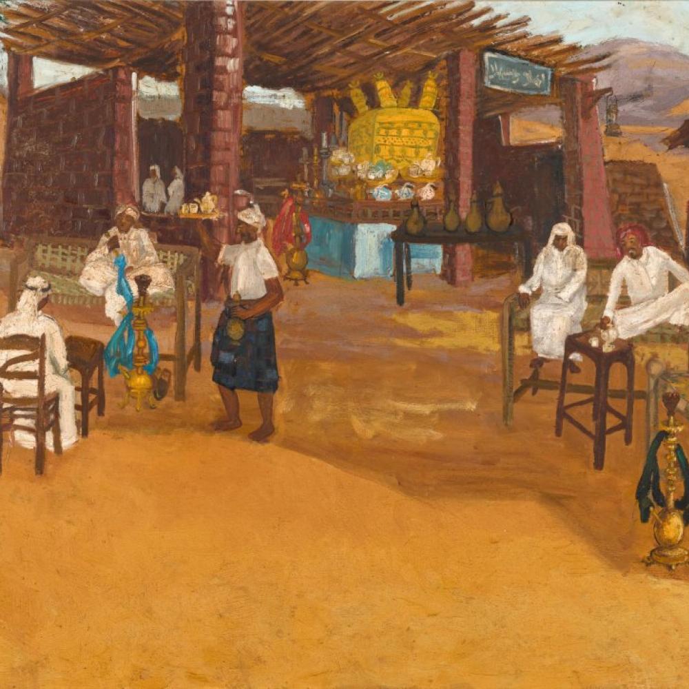 لوحة _مقهى طريق المدينة_ 1968 للفنانة السعودية الراحلة صفية بن زقر — المصدر Sotheby’s
