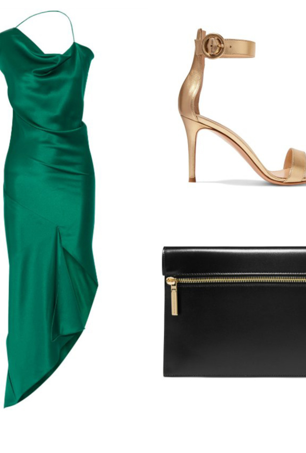 نسقي الفستان الاخضر الساتان بقصة غير متناظرة مع اكسسوارات ذهبية