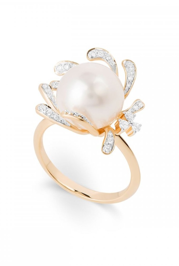 خاتم داماس من الذهب الأصفر واللؤلؤ والماس