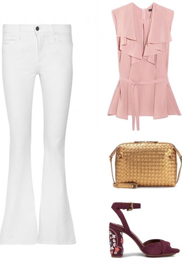 اطلالة راقية بالجينز الأبيض للزيارات المسائية