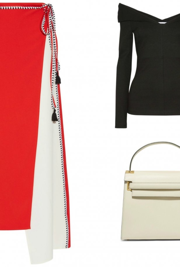 اطلالة راقية بتنورة حمراء مع لمسات عصرية بالتوب المكشوف الأكتاف