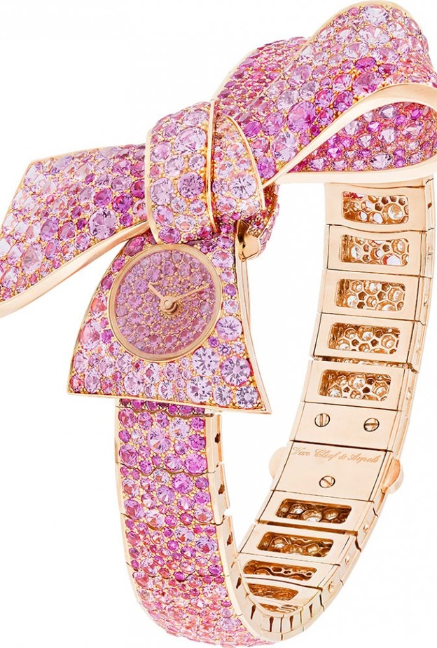 ساعة روبان السرية هيكل من الذهب الوردي وسافير وردي قطع دائري سوار من الذهب الوردي وماسات دائرية وسافير وردي حركة كوارتز