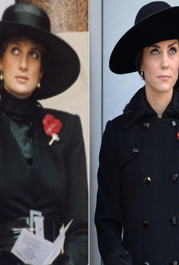 أحدث اطلالات كايت ميدلتون المماثلة تماماً لإطلالة الليدي ديانا بتيور أسود مع قبعة فيدورا سوداء ولمسة حيوية بالبروش الأحمر