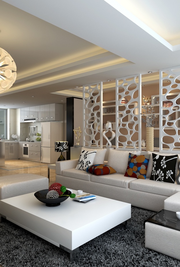 أربع قواطع متباعدة فيما بينها تحدد الفراغات بطريقة فنية لكن لا تفصل بينهم